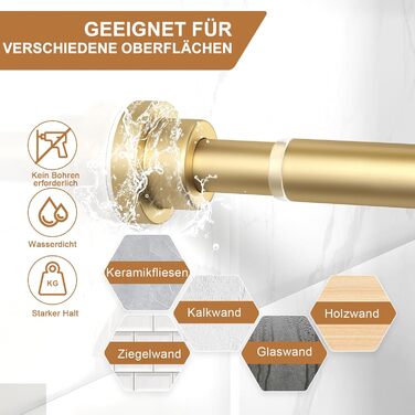 Штанга для штор без свердління AIZESI, телескопічна, для ванної, вікна, шафи, діаметр 22 мм, 80-160 см, золотий колір