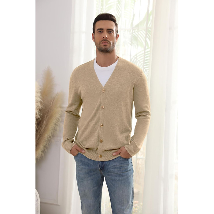 Чоловічий в'язаний кардиган вінтажного стилю з ґудзиками, з довгим рукавом, V-подібний виріз, легкий та теплий на осінь/зиму, бежевий, розмір M