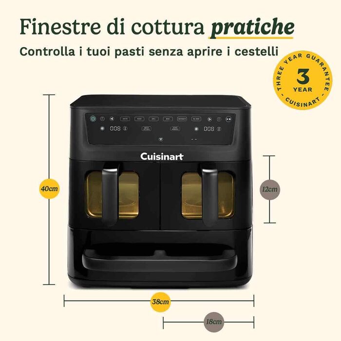 Фритюрниця Cuisinart XXL 10.4L з двома зонами нагріву | Без PFAS та хімікатів | Для смаження, гриля, випікання, дегідратації та підтримання тепла | 2 камери (2 x 5.2L) | 8+ порцій | Знімні деталі, придатні для миття в посудомийній машині (3 камери, чорний