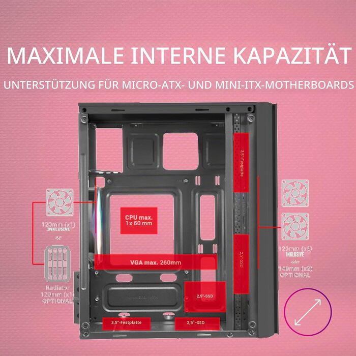 Ігровий корпус для ПК Mars Gaming MC300P MicroATX, рожевий, загартоване скло, Mesh-панель, 3x FRGB вентилятори