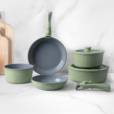 Набір каструль Kasanova Eaziclip 9 шт. з керамічним покриттям, індукційні, знімні ручки, антипригарні, з кришками (зелений)