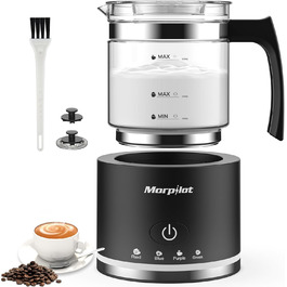 Morpilot Milk Frother Electric, 500ml 600W, 4 in 1 Milk Frother for Hot and Cold, Dishwasher Safe, Visual Glass, Latte Design, White (Black)