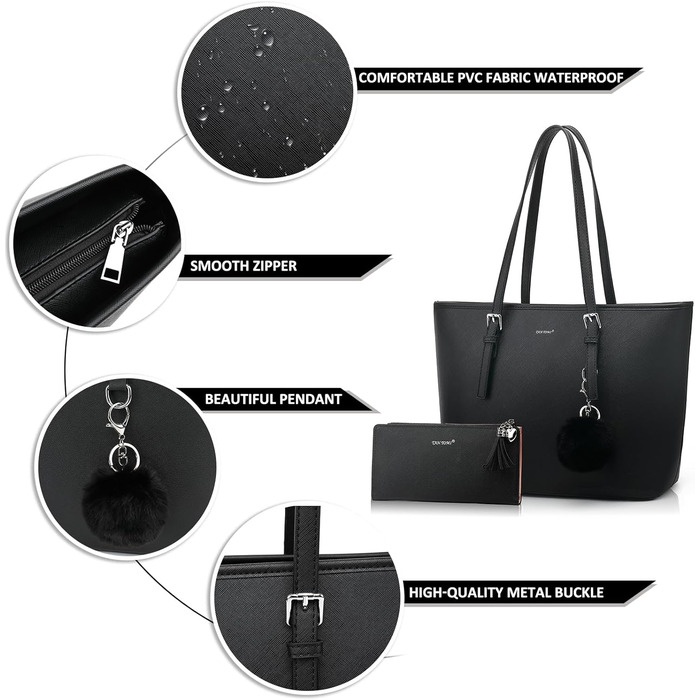 Сумка жіноча TANTOMI з гаманцем: для офісу, школи, покупок, велика, чорна, з пензликом та помпоном з штучного хутра