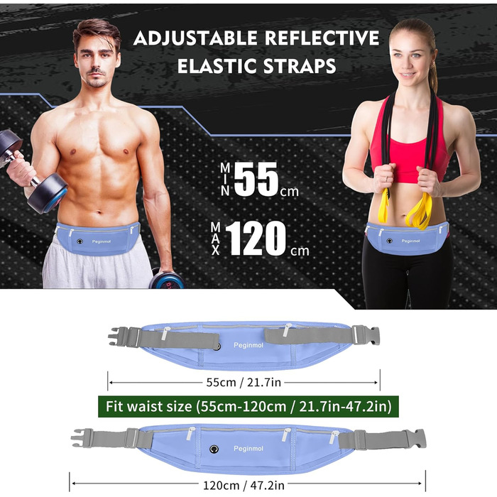 Пояс для телефону для бігу, спортивна сумка для джогінгу, водонепроникний пояс на пояс для бігу для жінок та чоловіків з 3 кишенями, велика місткість, регульований біговий пояс (Чорний + Зелений) (Синій)