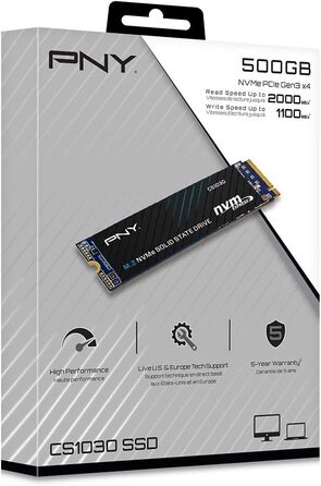 SSD PNY CS1030 500GB M.2 NVMe PCIe Gen3 x4 - 2100 МБ/с читання, 1700 МБ/с запис