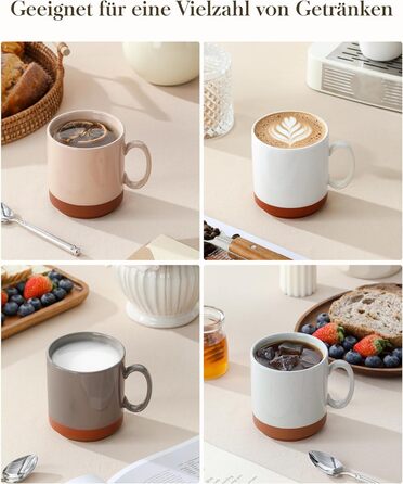 Набір кавових чашок MALACASA TARA Khakiweiß (4 шт.), 350 мл, кераміка, для кави, чаю, соку, лате, капучино, какао, безпечні для миття в посудомийній машині та використання в мікрохвильовій печі