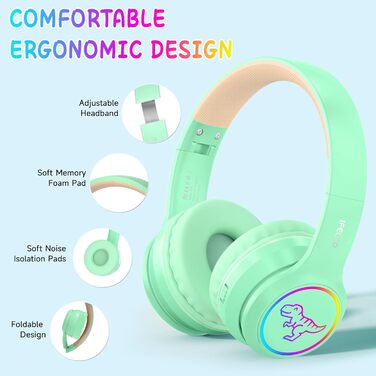 Бездротові навушники IFecco для дітей з мікрофоном, Bluetooth, LED-підсвітка, котячі вушка, чохол. Сумісні з iPad, планшетами та смартфонами.