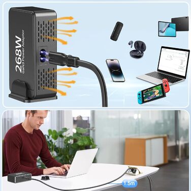 Зарядний пристрій USB-C GaN III 268W: 8 портів, швидка зарядка PD для iPhone, Samsung, MacBook, Dell, Steam Deck та інших пристроїв