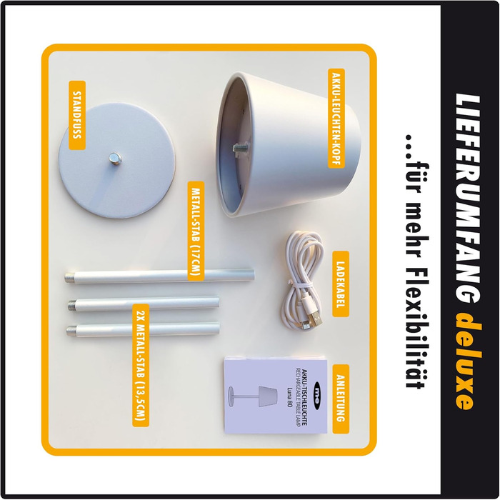 Настільна LED лампа LUNA-80-W з акумулятором, диммування, сенсорне управління, 7 кольорів, 5200mAh, 8-72 год роботи, регулювання висоти (5 рівнів), 3 шт. в упаковці