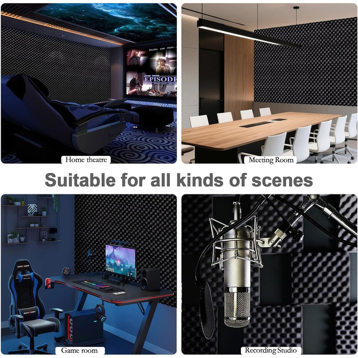 Акустичні панелі JBER самоклеючі, шумопоглинаючі плити з пінопласту 30x30x3 см, 12 шт. — звукоізоляція для студії, офісу та спальні, чорні