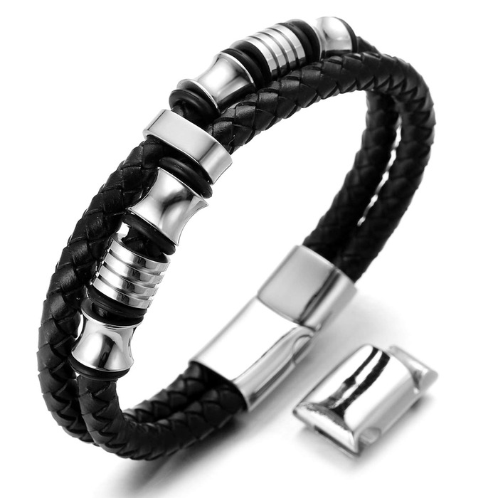 Браслет дитячий Halukakah Ehre Junior для хлопчиків зі шкіри чорного бика, з магнітним застібком, покриттям сріблом/золотом, титановими перлинами, в подарунковій коробці (6-12 років, 18-19.5 см)