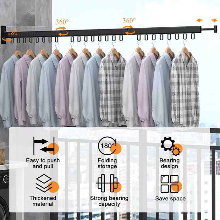 Настінна сушилка для білизни розкладна 120 см, висувна штанга з 18 гачками, сушарка для одягу на стіну, тримач для рушників (чорний)