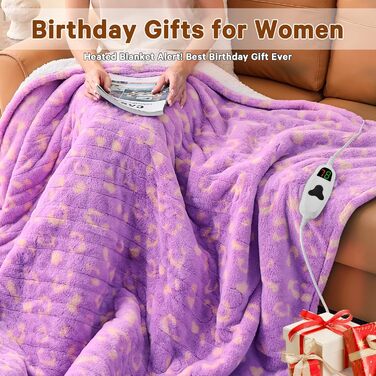 Електрична грілка з принтом корів, подвійний розмір 157x213 см, фіолетовий колір, 10 температурних режимів, таймер автоматичного вимкнення на 8 годин, флісова та шерпа-підкладка, тепла, подарунок для жінок
