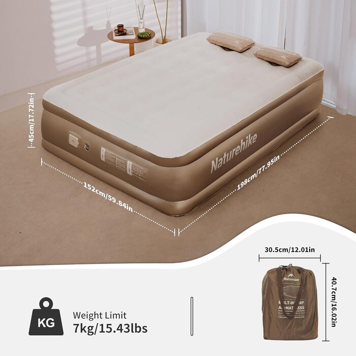 Надувний килимок Naturehike для кемпінгу та дому (190x100x45 см) з акумуляторним насосом - самонадувний, легкий, зручний, для 1-2 осіб (колір: коричневий)