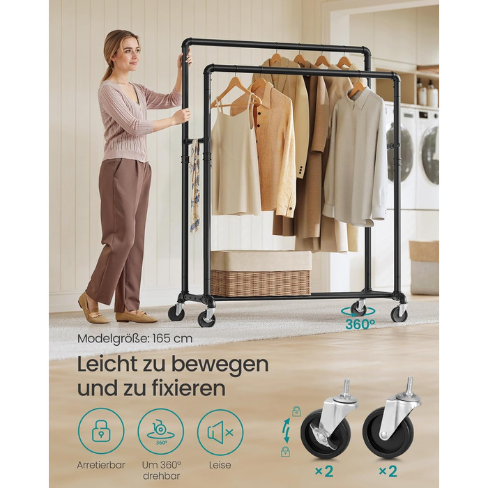 SONGMICS Clothes Rack, Clothes Rail, Coat Rack with 2 Clothes Rails and Shelf, Wheels, Load Capacity up to 110 kg, Industrial Design, for Bedroom, Dressing Room, white HSR060W01 (Black)