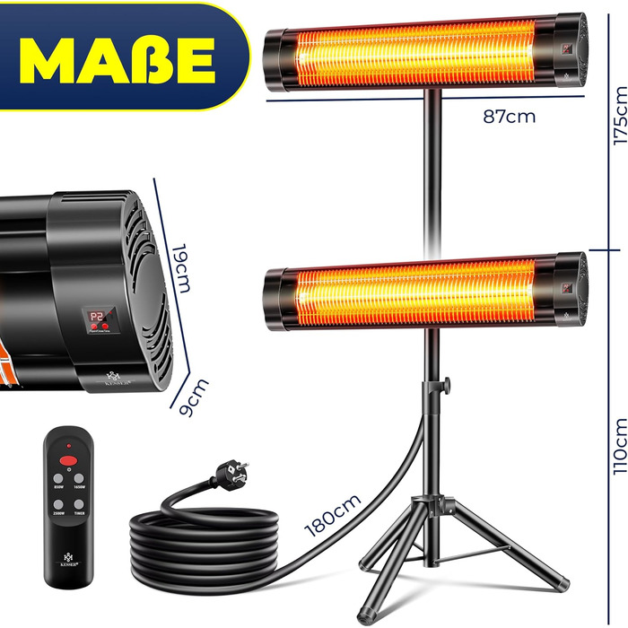 Інфрачервовий обігрівач KESSER® 2500W з пульт дистанційного керування та захисним чохлом, телескопічною стійкою, для тераси та дому