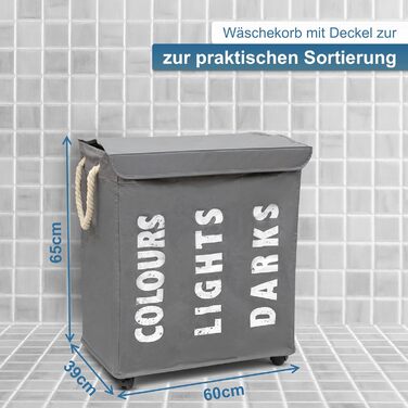hausratplus Osoltus Laundry Box - Laundry Sorter with Lid & Wheels - Bathroom Organizer - Laundry Basket - Laundry Chest - Bathroom Laundry Sorting System - Grey