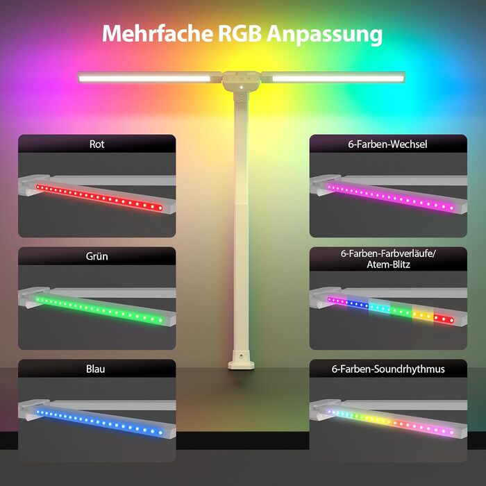 LED лампа настільна з двома головками, регульована яскравість, кріплення на струбцині, захист очей, денне світло, для офісу та ПК, RGB