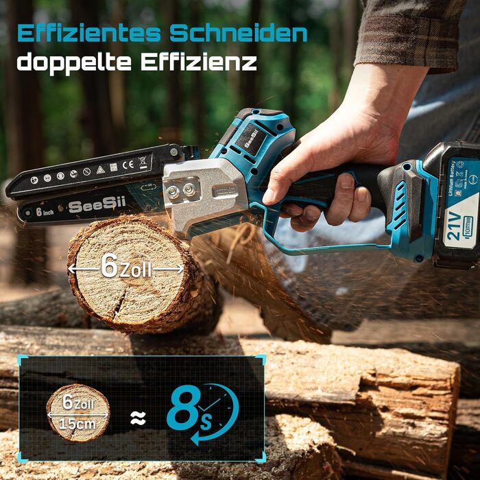 SEESII Безщіткова міні-бензопила 6 дюймів, акумуляторна ручна пила з 2 * 4000 mAh акумуляторами, одноручна пила з автоматичним змащуванням, сумісна з акумулятором Makita 18V, електрична пила для дерева, гілок 6 дюймів безщіткова