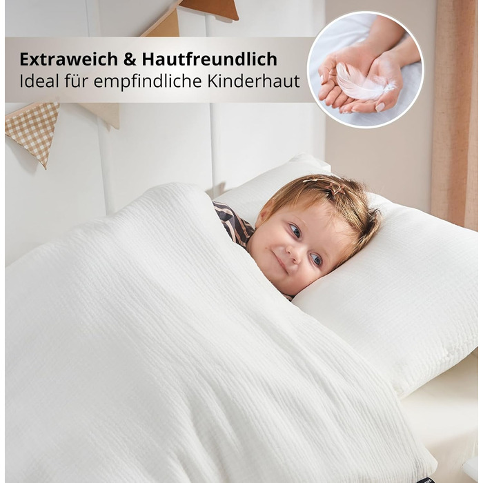 Дитяча постільна бджільня Kinderbettwäsche 100x135 2 шт. | ОekoTex сертифікована, для алергіків | Набір постільної білизни з мусліну Kinderbettwäsche з 1 простирадлом 135x100 та 1 наволочкою 40x60 | (100 см x 135 см, Білий)