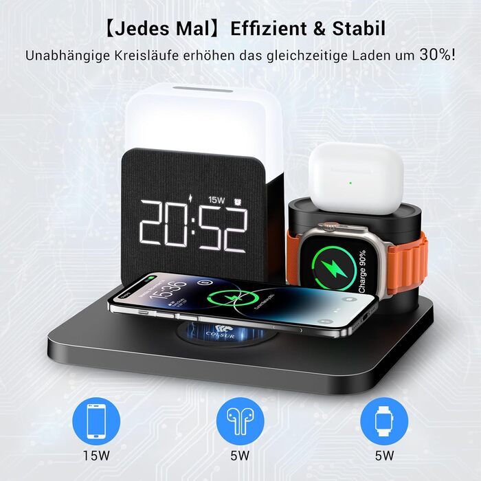 Бездротова зарядна станція 3-в-1 COLSUR для iPhone, Apple Watch, AirPods, 15W, нічна лампа з годинником, чорна
