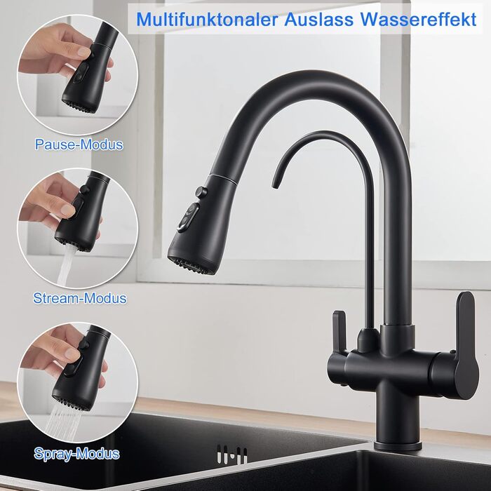 Чорний кухонний змішувач з висувною лійкою 360°, з нержавіючої сталі, для фільтрованої води