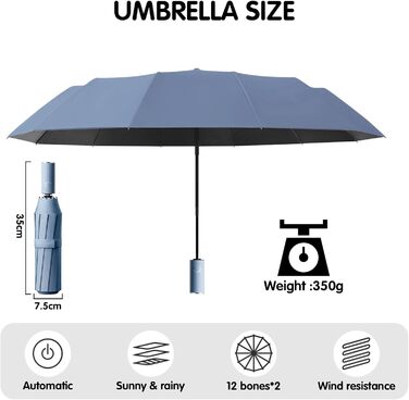 Автоматичний парасолька, штормостійкий, з захистом від УФ-променів, компактний, блакитний
