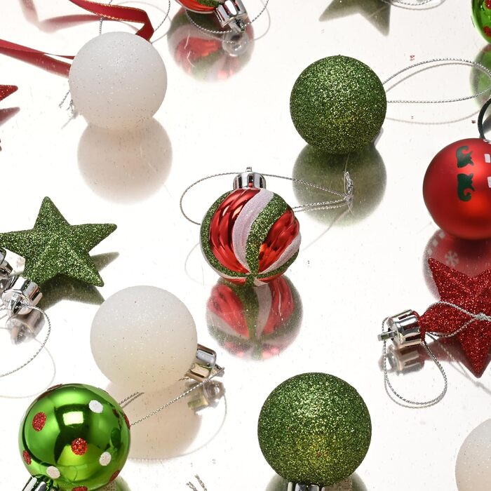 Набір ялинкових прикрас Victor's Workshop 35 шт. 5 см, пластикові кулі, червоно-зелено-білий декор для ялинки, тематика ельфів