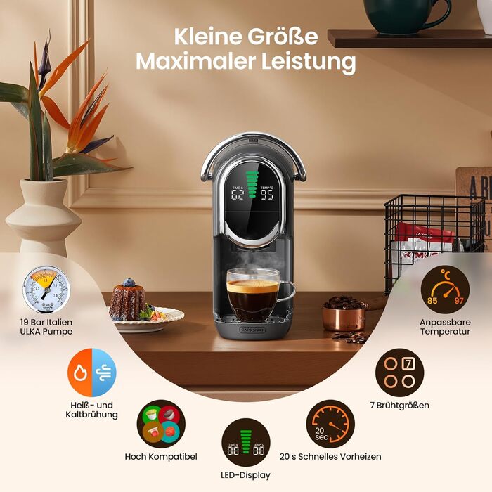 Кавомашина капсульна Magician1 Mini Kapselmaschine 5in1 для Nespresso, Dolce Gusto, Lavazza A Modo Mio, ESE 44, кавової гущі | 20 бар, 1450 Вт, LED-дисплей, 7 рівнів води | для дому та офісу (Сірий)