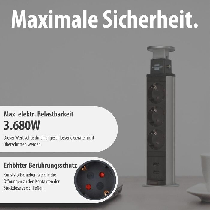 Вбудований мережевий фільтр Brennenstuhl Tower Power, висувна настільна розетка 2м, алюміній/чорний (3 розетки + USB)