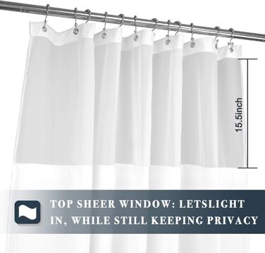 Штора для душу N&Y HOME з вафельної тканини з підкладкою, 12 гачків, біла, 180x183 см, готельний стиль, водонепроникна, важка, з віконцем