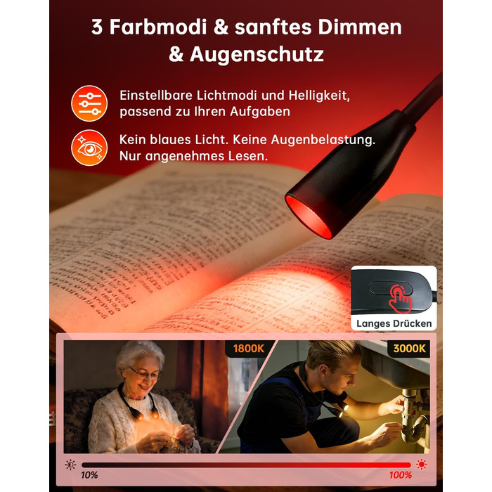 Світлодіодна лампа для читання з кліпсою 670 нм, з функцією пам'яті, димуванням та USB-зарядкою. Безсиній, портативний світильник для читання в ліжку, нашийний ліхтар