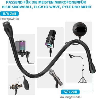 Кріплення для мікрофону Zealsound – регульований штатив-«лебідь» з кріпленням, адаптер 3/8' на 5/8', міцна клямка для столу, сумісний з Blue Snowball, Ice, Spark, SoloCast, 33 см (T19-19 см, лише кріплення)