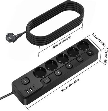 Мережевий фільтр з індивідуальним керуванням, 5 розеток з 2 USB-A та 1 USB-C, захист від перенапруги, 5 метрів, чорний
