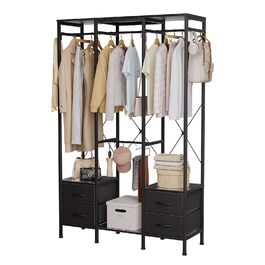 Відкрита шафа для одягу, вішалка для одягу, гардеробна стійка з 4 шухлядами, стабільна вішалка для спальні, вітальні, передпокою (Чорний)
