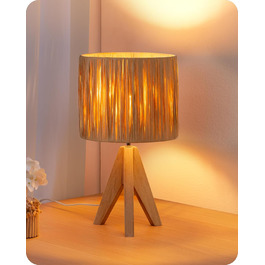 EDISHINE Настільна лампа з ручним плетінням, тепле світло 2700K, з дерев'яною підставкою, Boho стиль, для спальні, вітальні, готелю, з LED лампою E27 4W (рафія)