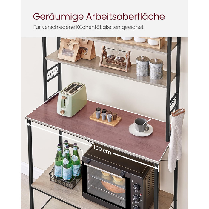 Стелаж кухонний VASAGLE, 6 полиць, гачки, сталевий каркас, 40 x 60 x 167 см, золотий дуб + білий