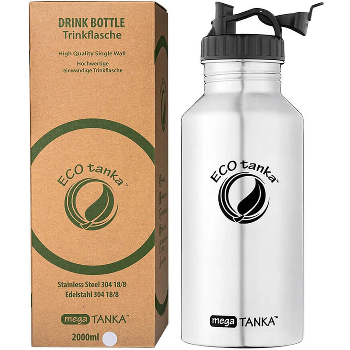 ECOtanka 2.0 Liter™ Stainless Steel Water Bottle with Stainless Steel Cap - Sustainable Water Bottle for Sports, Outdoor Activities, Fitness, BPA-Free, Leak-Proof, Made for a Lifetime (Polyloop Cap)