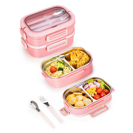 Ланчбокс Lille Home з 2 ярусами, 4 відділення, 1650 мл, з посудом, BPA-free, не протікає (Зелений) (Рожевий)