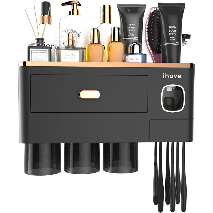IHave Wall-Mounted Toothbrush Holder, Bathroom Toothbrush Holder with Toothpaste Dispenser, 3 Cup Toothbrush Holder with Drawer, Large Capacity Toothbrush Organizer Bathroom Black Gold