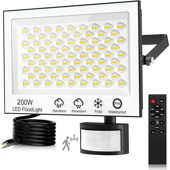 Viugreum 200W LED Floodlight with Motion Sensor 20000lm Outdoor IP66 Waterproof Spotlight 6500K Outdoor Light Cold White Floodlight Outdoor Spotlight for Garden