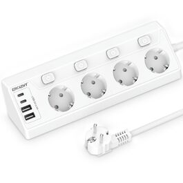 Мережева розетка з 2 USB-C (PD 20W) та 1 USB-A, трьохсекційна з вимикачем, захист від перенапруги, зручна для зберігання, розподільник для подорожей, кабель 1,5 м (кутова розетка)