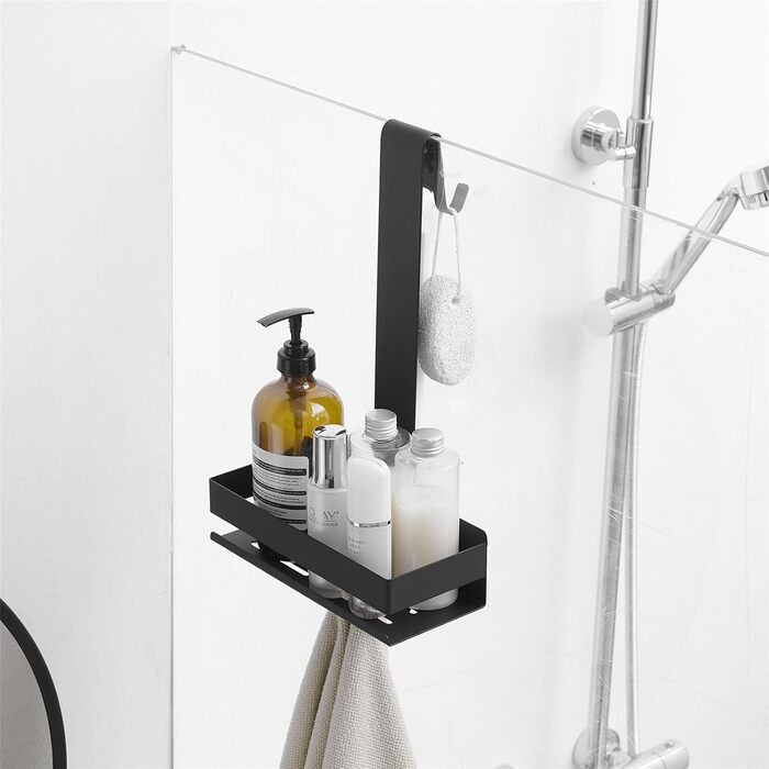 Kelelife Shower Shelf for Hanging, Shower Shelf No Drilling, Stainless Steel Shower Shelf with Hooks for Frameless Glass Door, Shampoo Holder for Shower (Black)