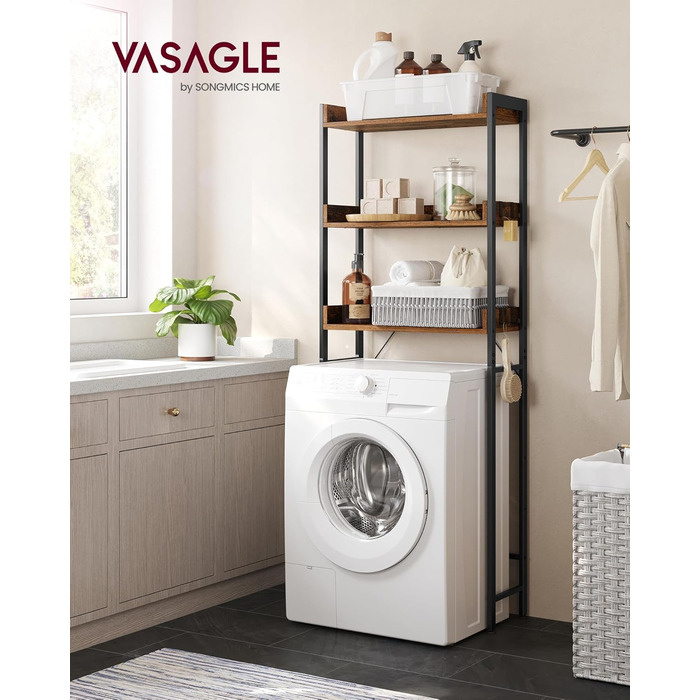 VASAGLE Toilet Shelf, 3 Tiers, Bathroom Shelf, Space-Saving, Easy to Assemble, for Laundry Room, Industrial Style, Rustic Brown and Black, BTS002B01