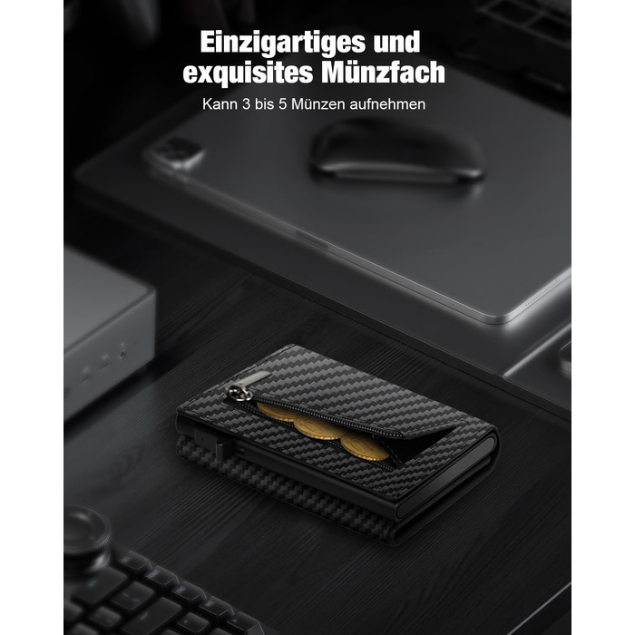 Чоловіче картхолдер/портмоне: тонкий дизайн, RFID захист, відділення для монет, віконце для ID, карбоновий чорний колір