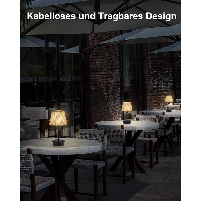 Акумуляторна настільна лампа: портативна, бездротова з димером, для дому та саду, з абажуром з льону, антична металева біла, з смугастим абажуром (чорно-білий)