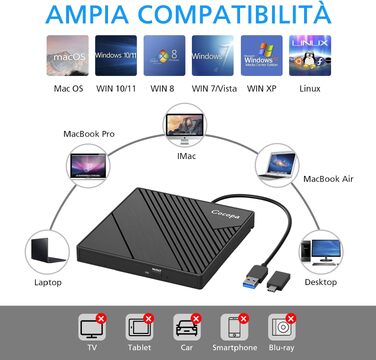 Зовнішній USB 3.0 CD/DVD-привід Cocopa Masterizzatore: портативний Ultra Slim DVD-RW/CD-RW плеєр для ноутбука та ПК (Windows, macOS, Linux)