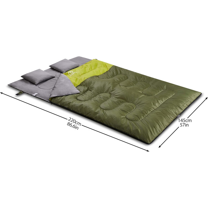 Спальний мішок Oaskys для двох дорослих з подушками – Queen Size XL, водовідштовхуючий, для всіх сезонів, кемпінг, подорожі, 59x86.6 дюймів, оливковий
