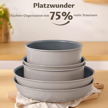 Набір каструль BEZIA 17 предметів з знімним ручками, антипригарний набір сковорідок з керамічним покриттям, набір каструль для індукційних плит, підходить для всіх типів плит, стік-набір, посуд для кемпінгу, піч-безпечний, світло-бежевий