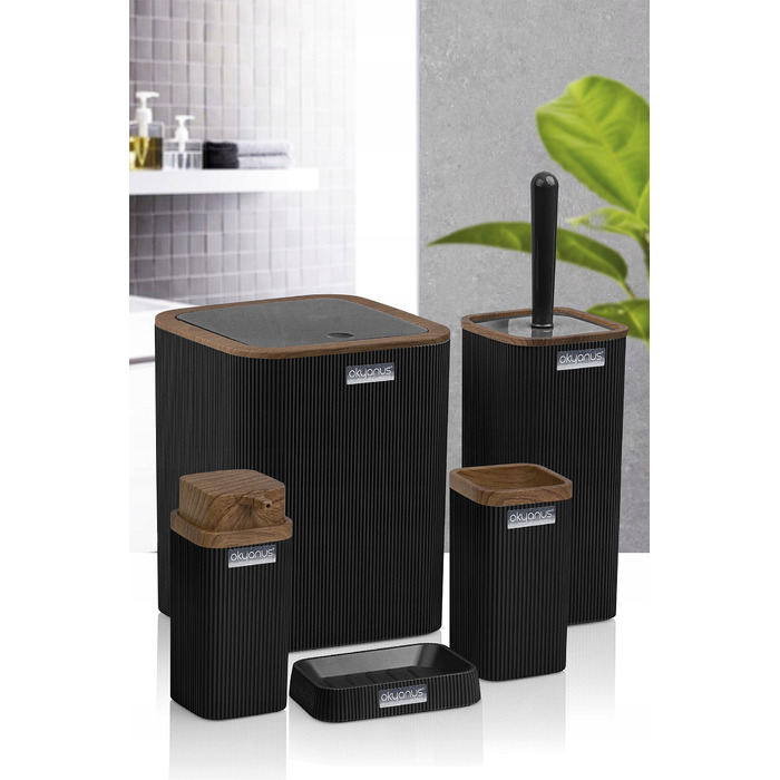 Набір аксесуарів для ванної кімнати Stella, 5 предметів, чорний з дерев'яним оздобленням